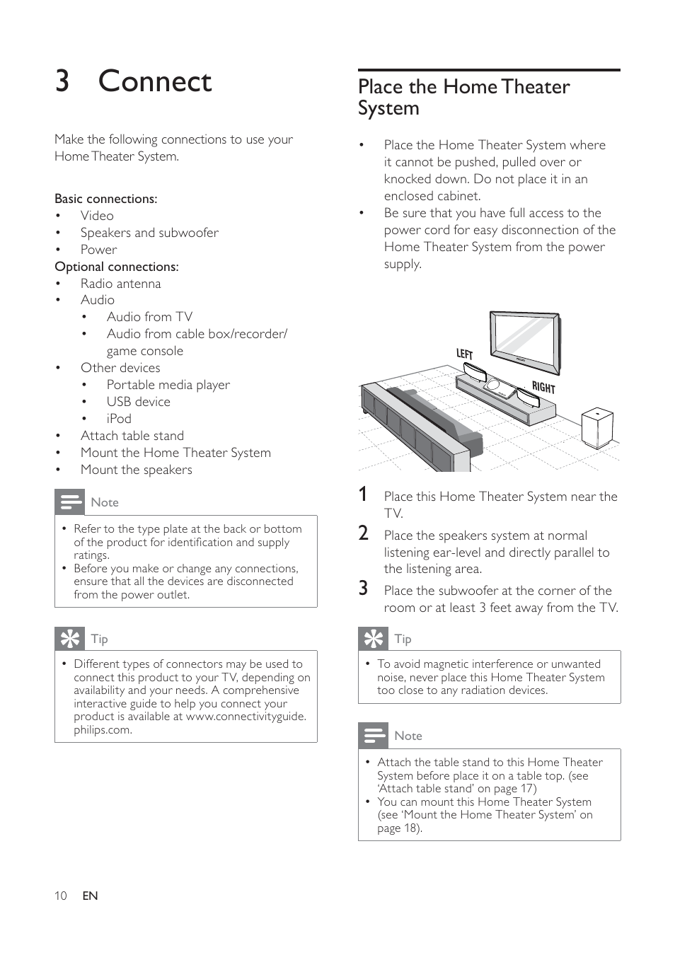3 connect, Place the home theater system | Philips HTS6520/93 User Manual | Page 10 / 51