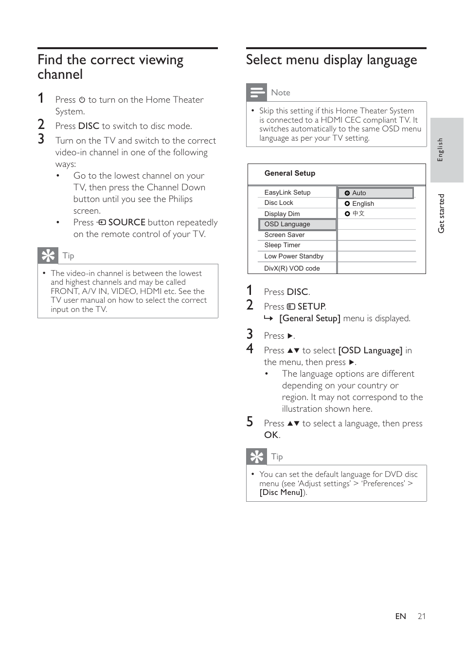 Select menu display language, Find the correct viewing channel 1 | Philips HTS6520/93 User Manual | Page 21 / 51