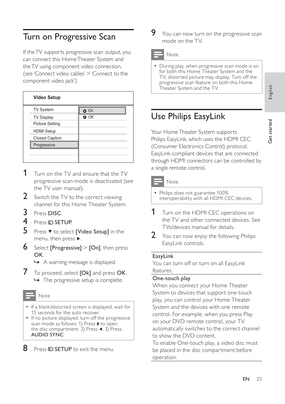 Use philips easylink, Turn on progressive scan | Philips HTS6520/93 User Manual | Page 23 / 51