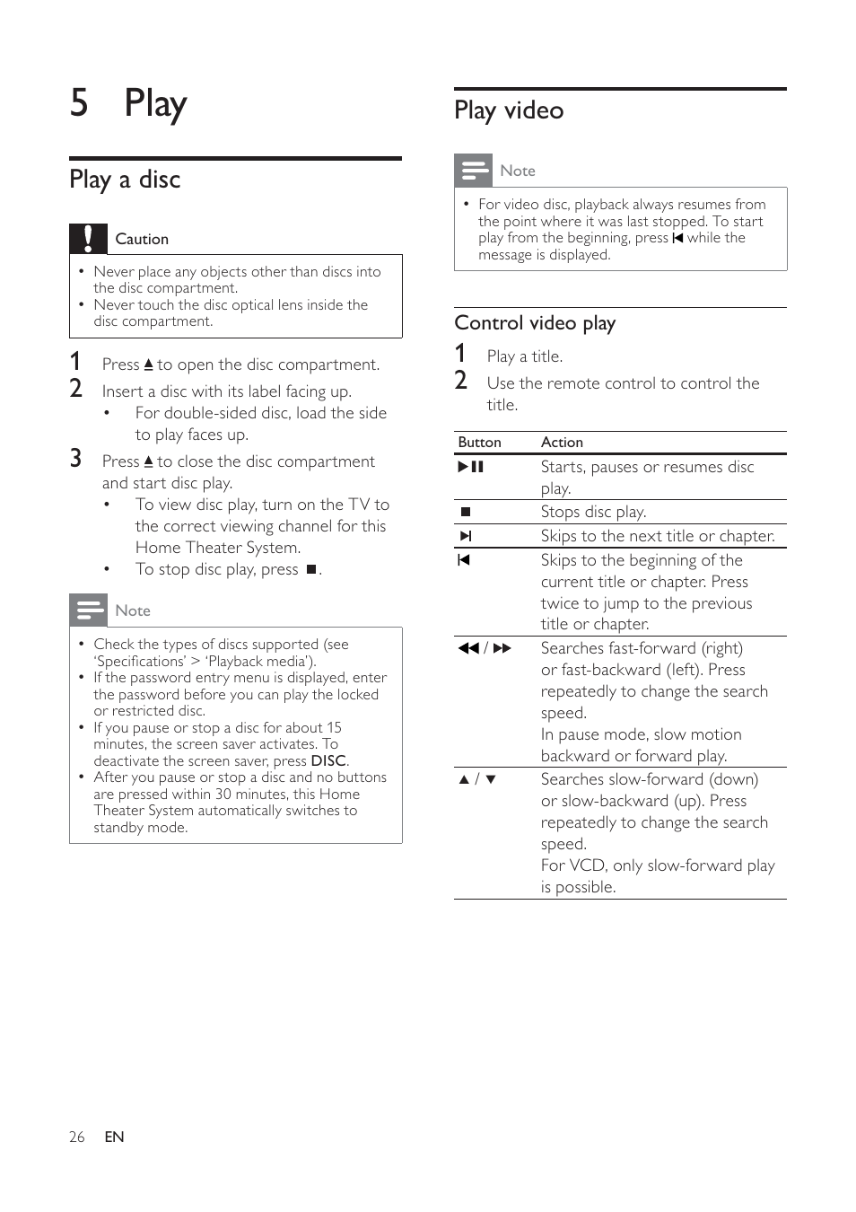 5 play, Play video, Play a disc | Philips HTS6520/93 User Manual | Page 26 / 51