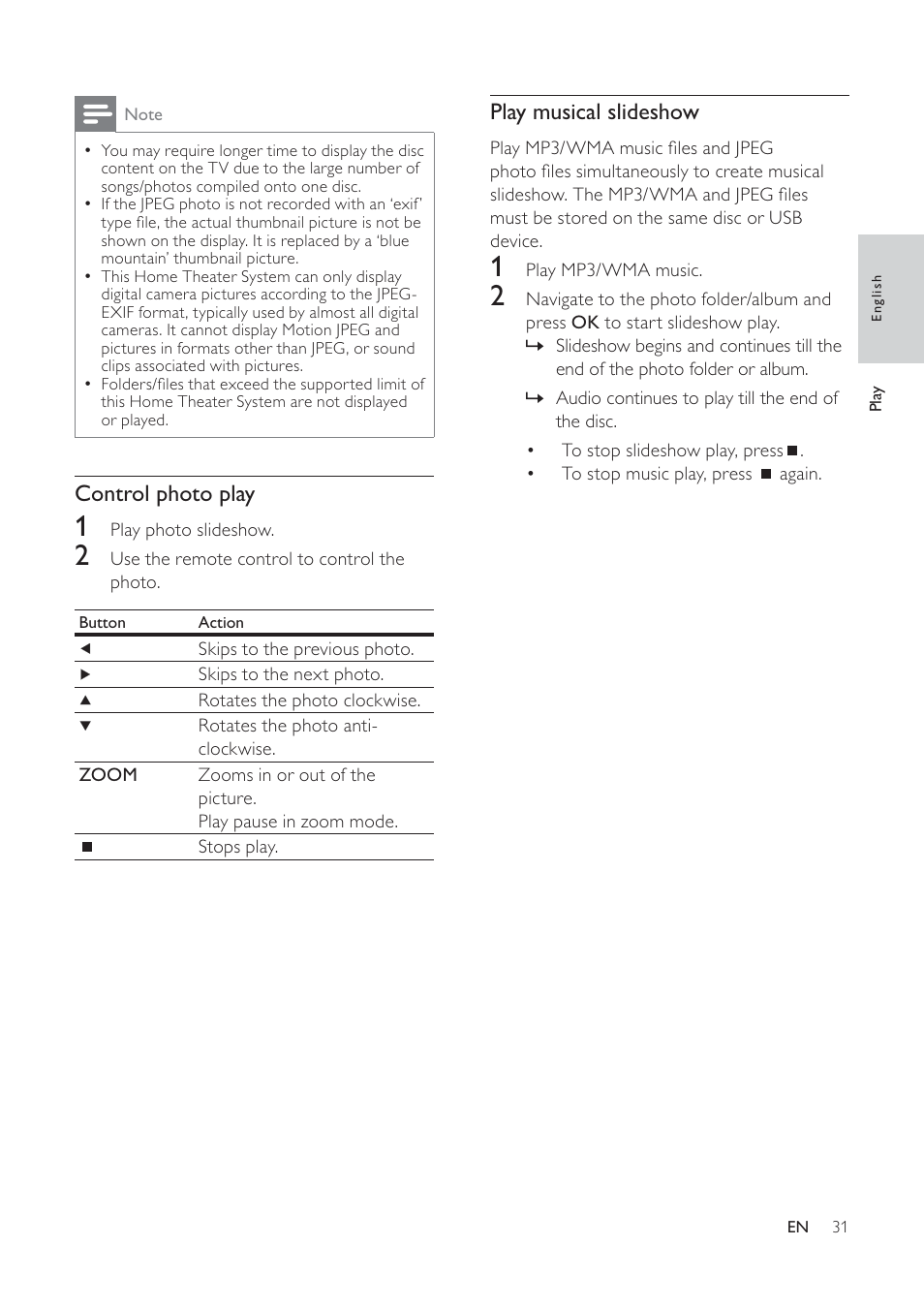 Play musical slideshow, Control photo play | Philips HTS6520/93 User Manual | Page 31 / 51
