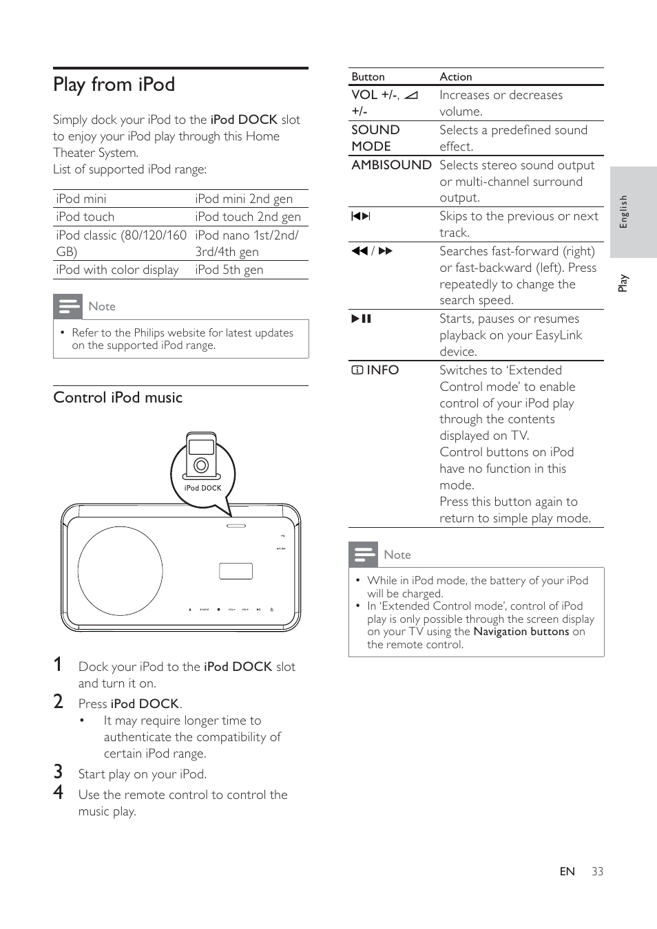Play from ipod | Philips HTS6520/93 User Manual | Page 33 / 51