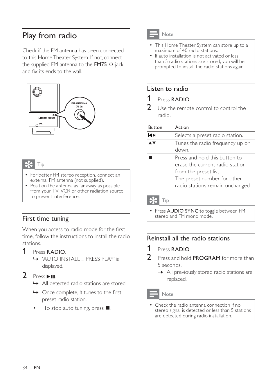 Play from radio | Philips HTS6520/93 User Manual | Page 34 / 51