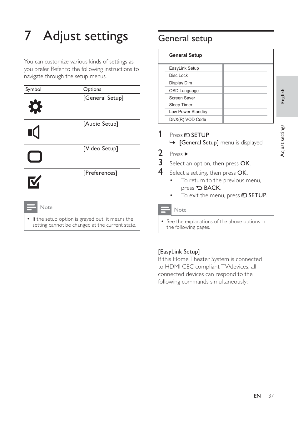 7 adjust settings | Philips HTS6520/93 User Manual | Page 37 / 51