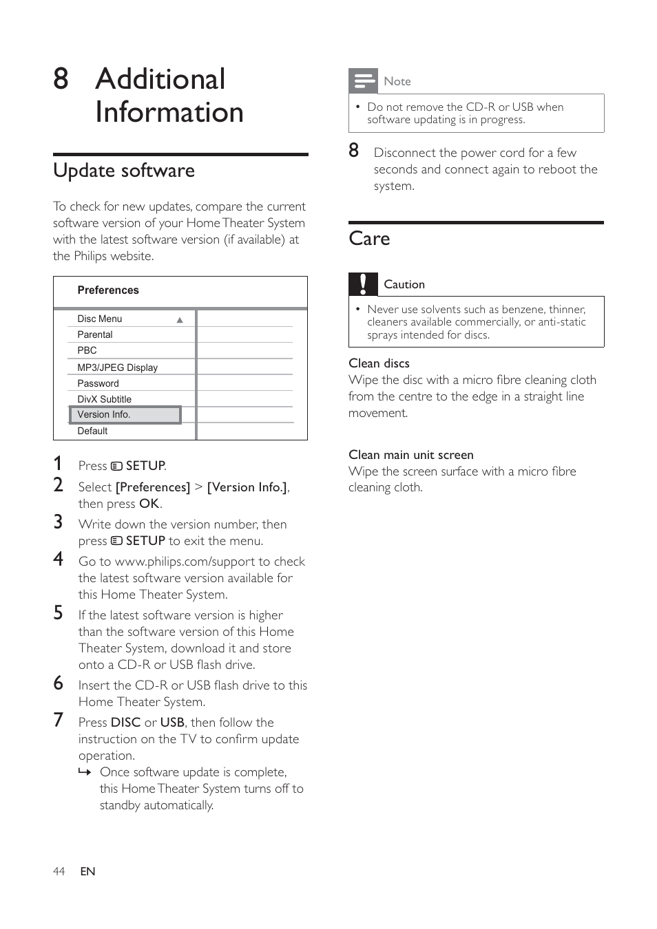 8 additional information, Care, Update software | Philips HTS6520/93 User Manual | Page 44 / 51