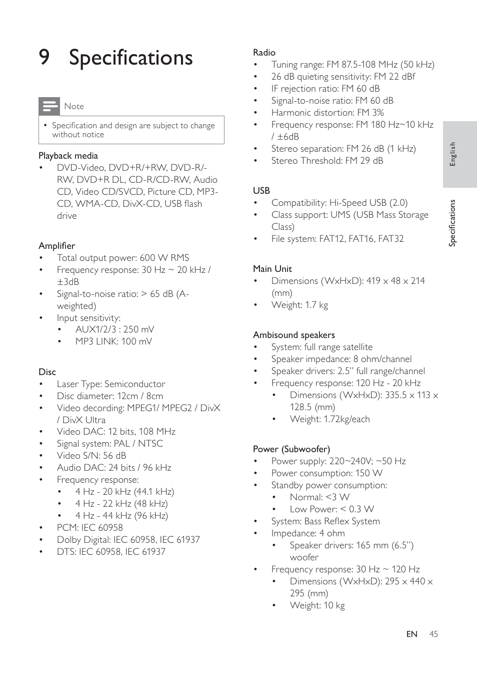 9 specifications | Philips HTS6520/93 User Manual | Page 45 / 51