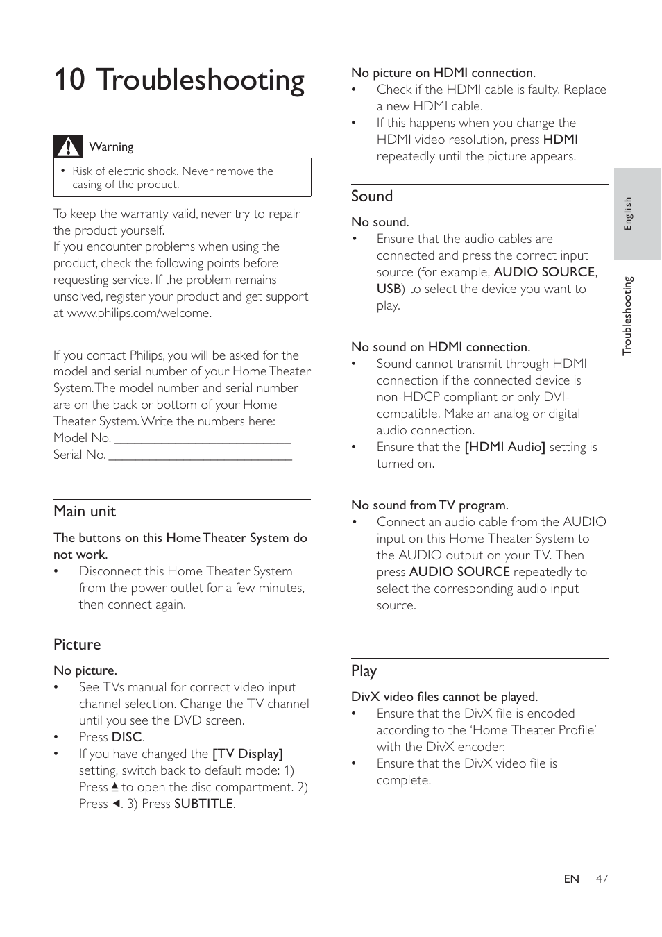 10 troubleshooting, Sound, Play | Main unit, Picture | Philips HTS6520/93 User Manual | Page 47 / 51