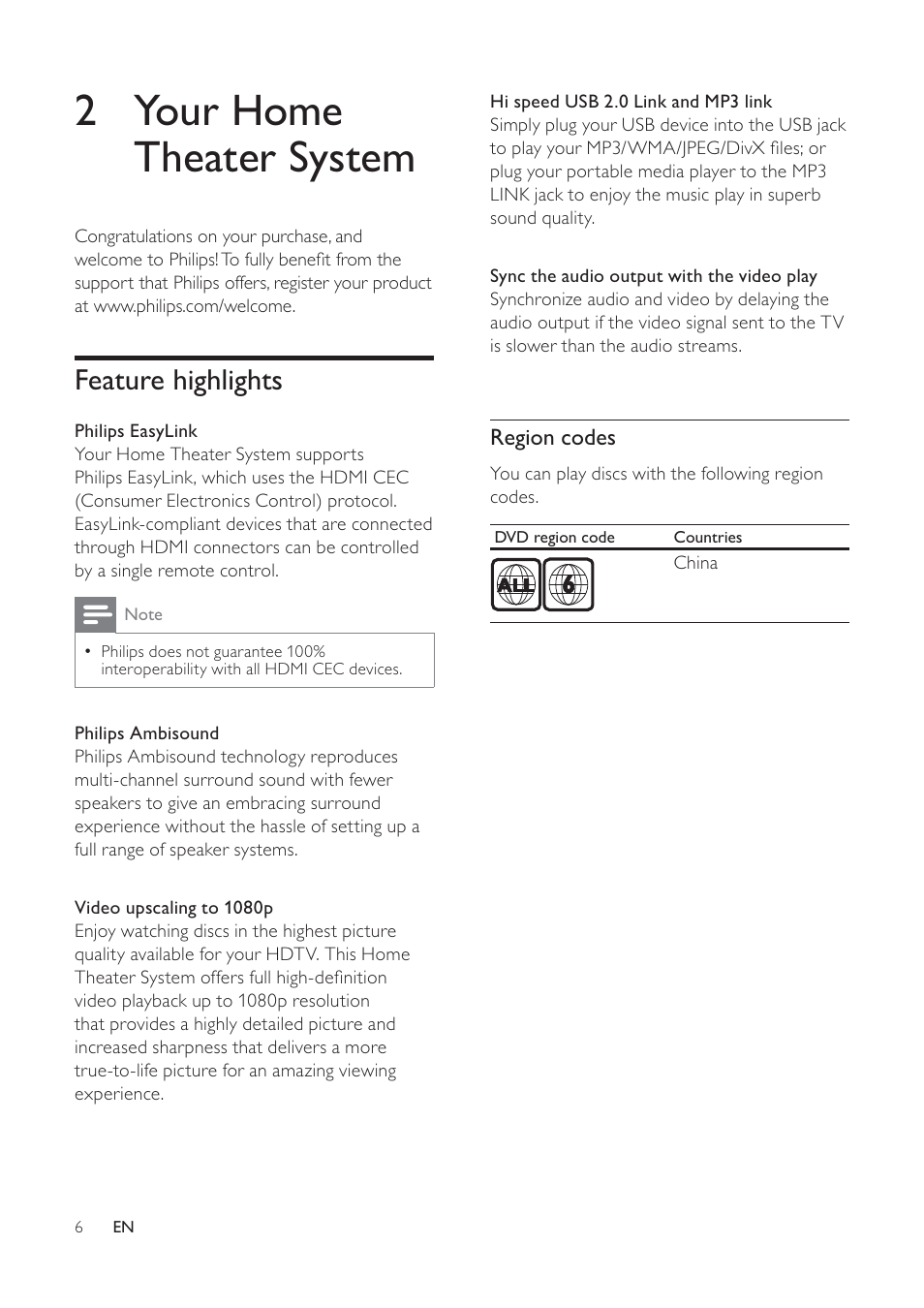 2 your home theater system, Feature highlights | Philips HTS6520/93 User Manual | Page 6 / 51