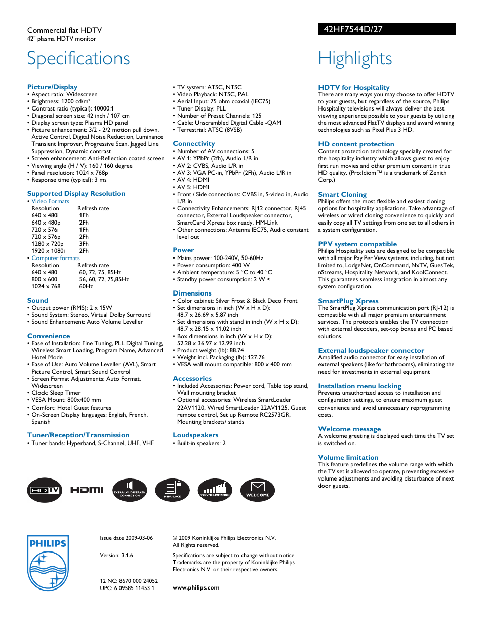 Specifications, Highlights | Philips 42HF7544D User Manual | Page 2 / 2