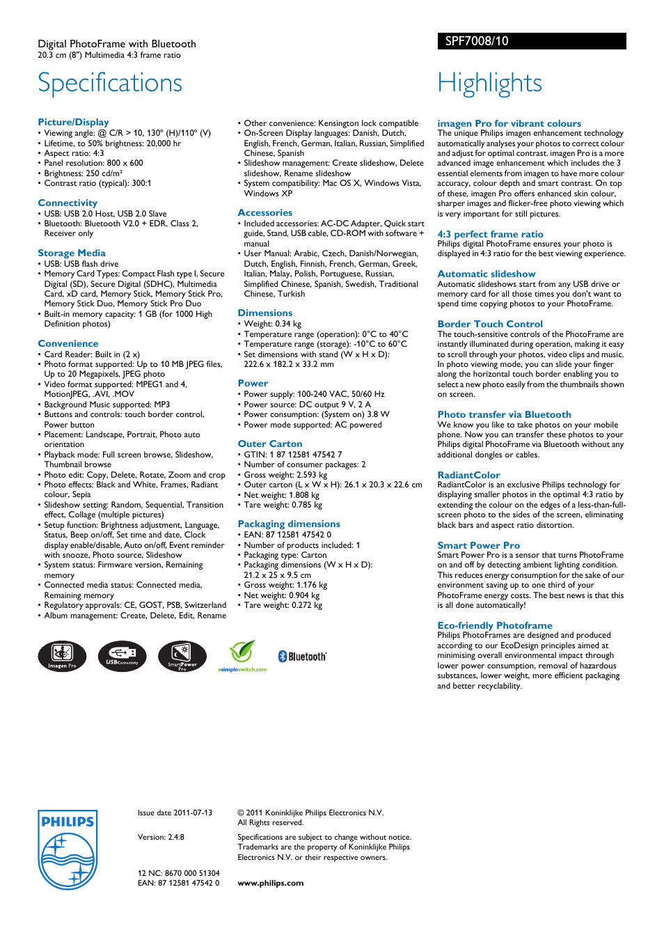 Specifications, Highlights | Philips SPF7008/10 User Manual | Page 2 / 2