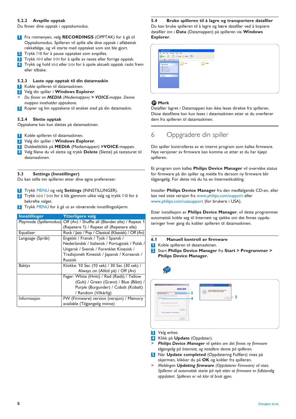 2 avspille opptak, 3 laste opp opptak til d, 4 slette opptak | 3 settings (innstillinger), 4 bruke spilleren til å la, 6 oppgradere din spiller, 1 manuell kontroll av firm, 3 laste opp opptak til din datamaskin, Settings (innstillinger), Oppgradere din spiller | Philips AUDIO PLAYER SA4101 User Manual | Page 10 / 16