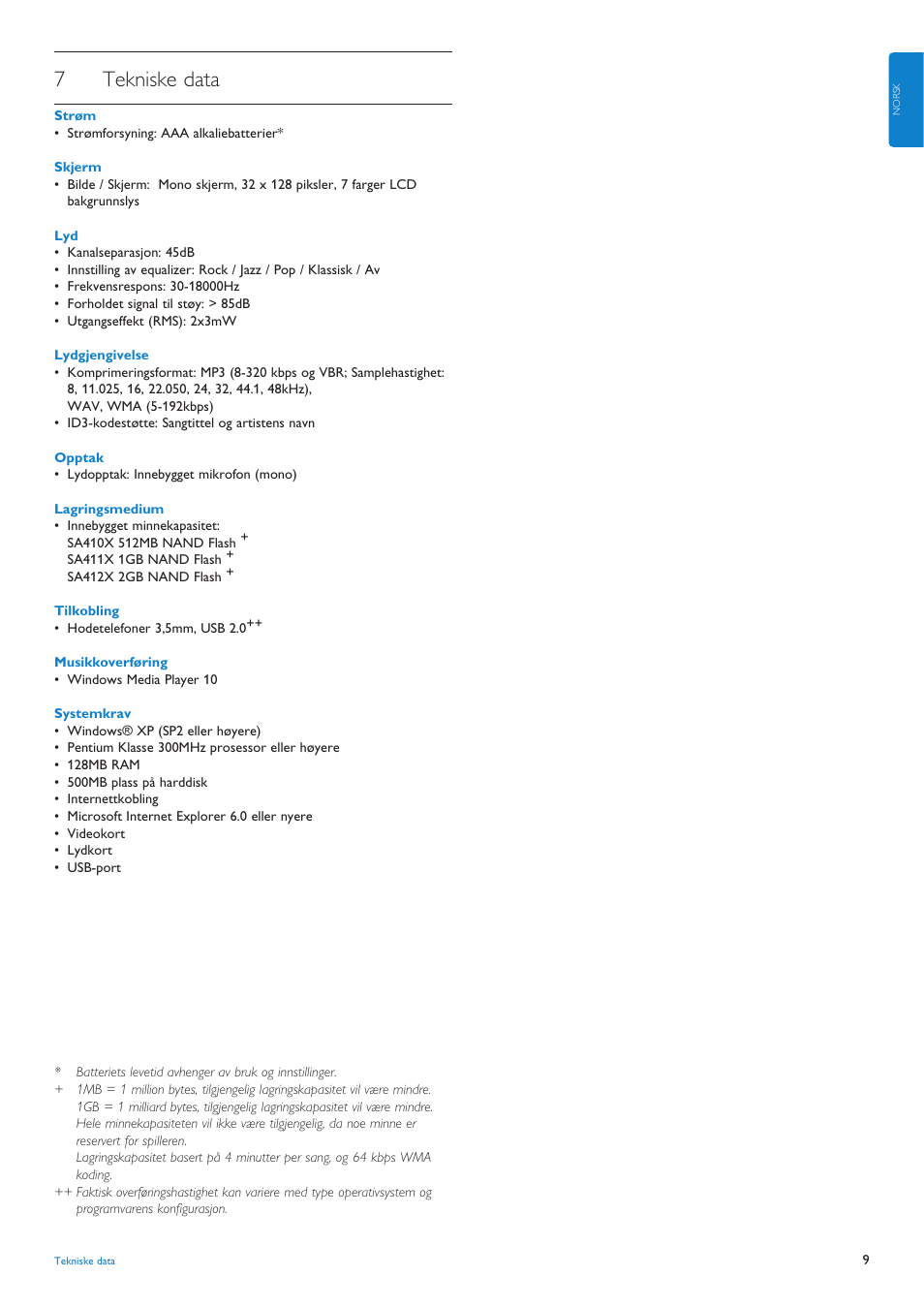 7 tekniske data, Tekniske data, 7tekniske data | Philips AUDIO PLAYER SA4101 User Manual | Page 11 / 16