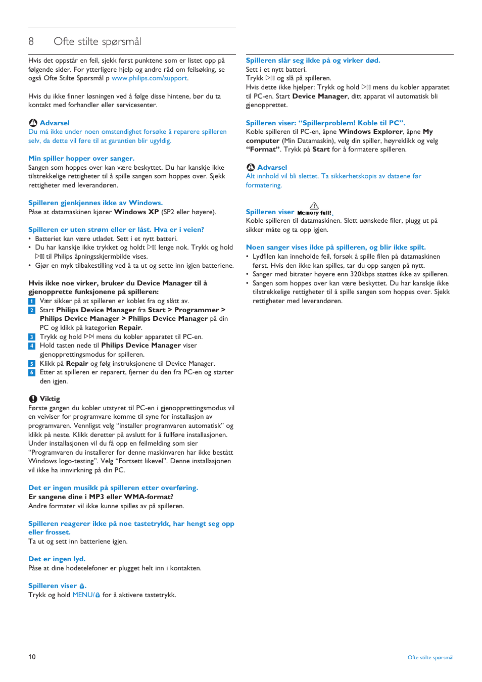 8 ofte stilte spørsmål, Ofte stilte spørsmål, 8ofte stilte spørsmål | Philips AUDIO PLAYER SA4101 User Manual | Page 12 / 16