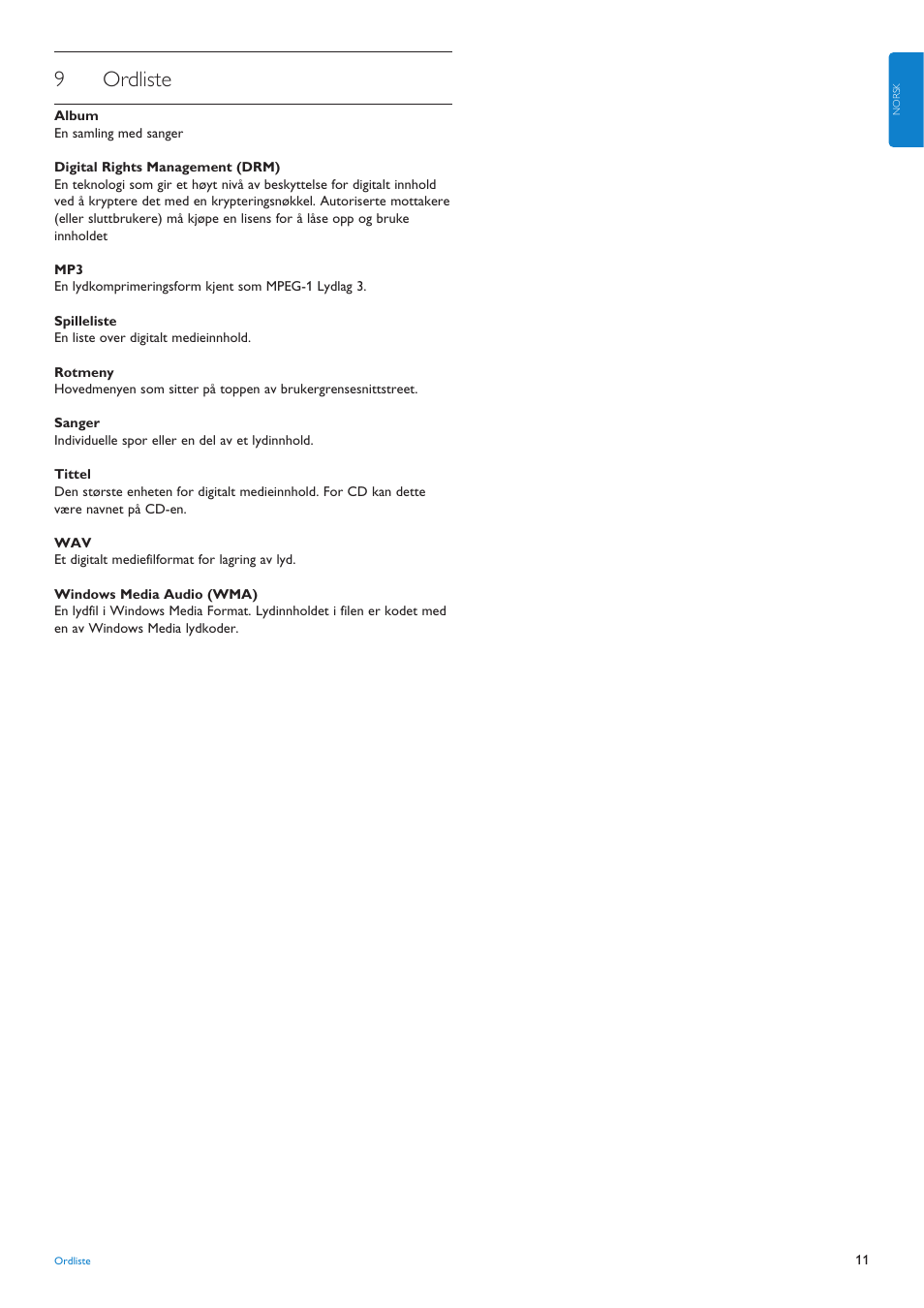 9 ordliste, Ordliste, 9ordliste | Philips AUDIO PLAYER SA4101 User Manual | Page 13 / 16