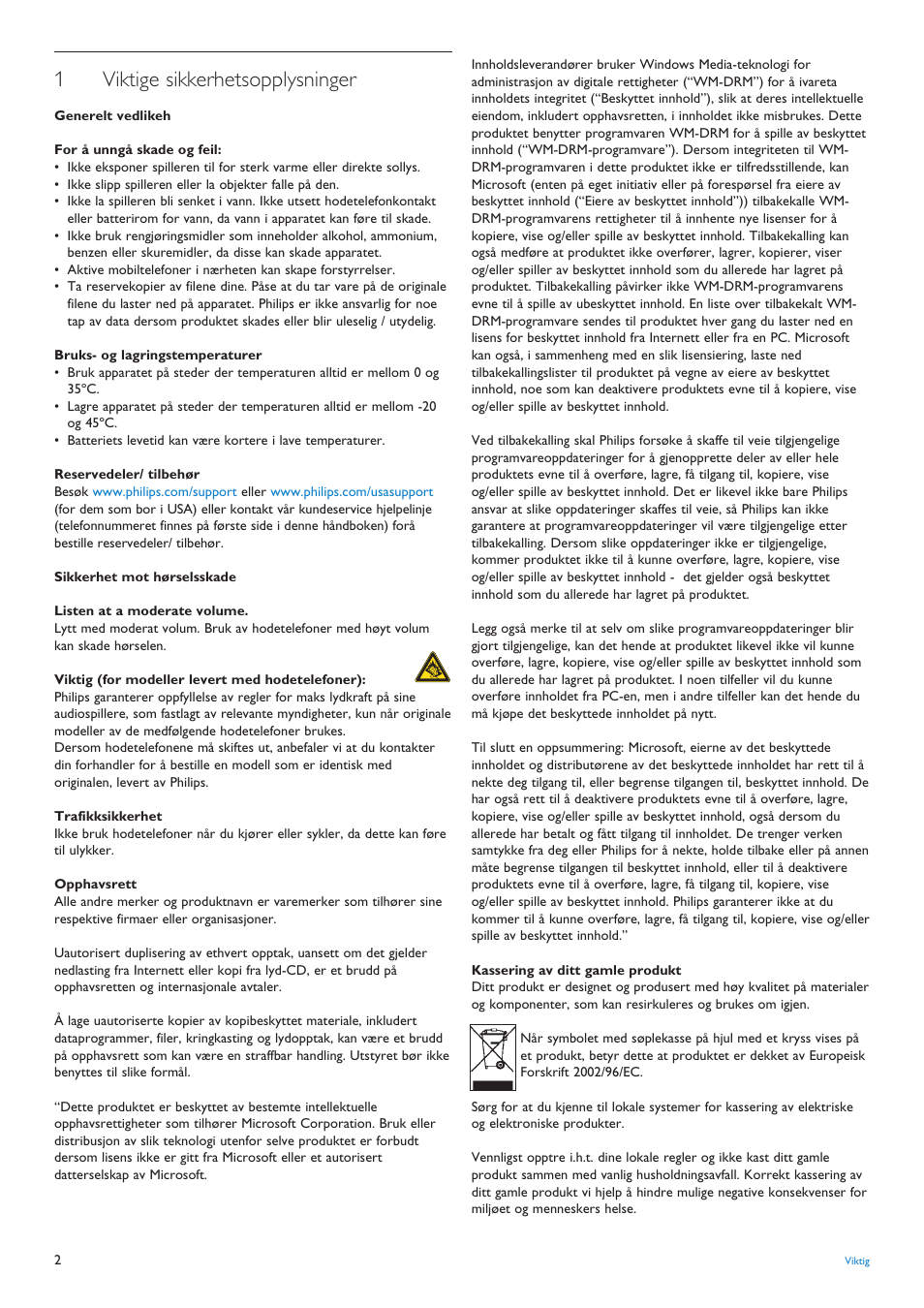 1 viktige sikkerhetsopplysni, Viktige sikkerhetsopplysninger, 1viktige sikkerhetsopplysninger | Philips AUDIO PLAYER SA4101 User Manual | Page 4 / 16