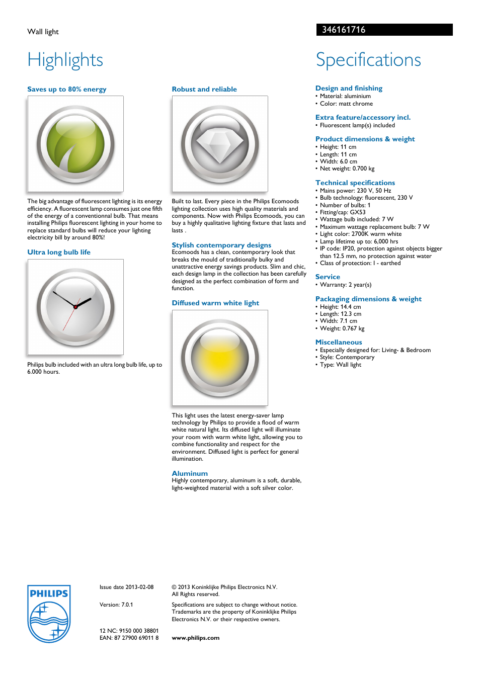 Highlights, Specifications | Philips Ecomoods 34616/17/16 User Manual | Page 2 / 2