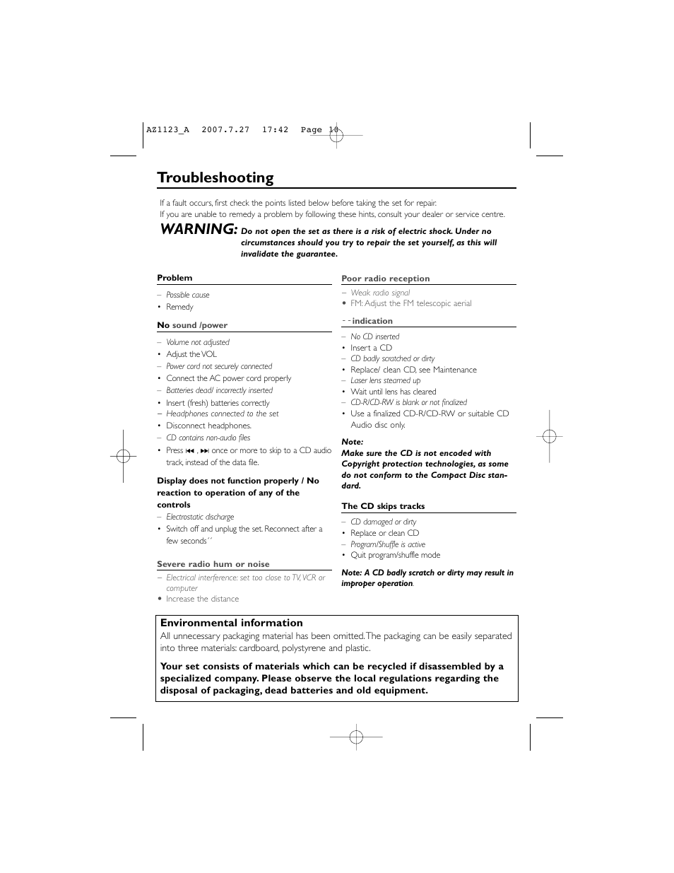 Troubleshooting, Warning | Philips AZ1123WCD User Manual | Page 10 / 12