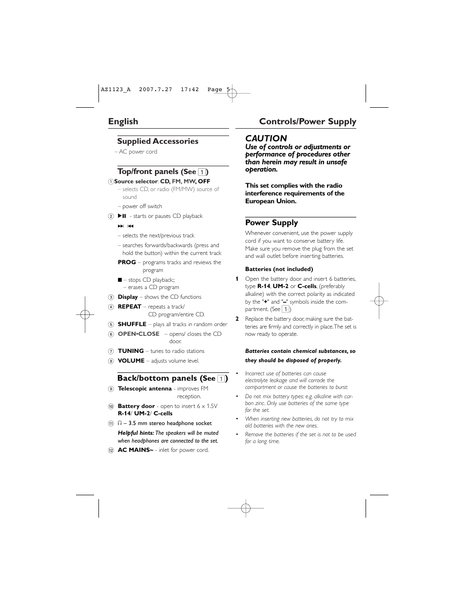 English controls/power supply, Caution, Supplied accessories | Top/front panels, Back/bottom panels, Power supply | Philips AZ1123WCD User Manual | Page 5 / 12