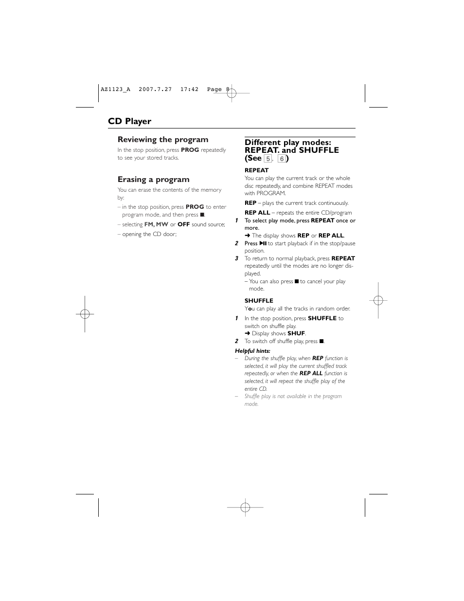 Cd player, Reviewing the program, Erasing a program | Different play modes: repeat. and shuffle (see 5 | Philips AZ1123WCD User Manual | Page 8 / 12