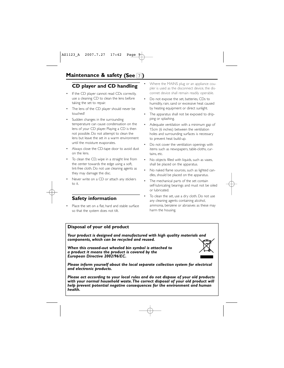 Maintenance & safety (see 7 ), Cd player and cd handling, Safety information | Philips AZ1123WCD User Manual | Page 9 / 12