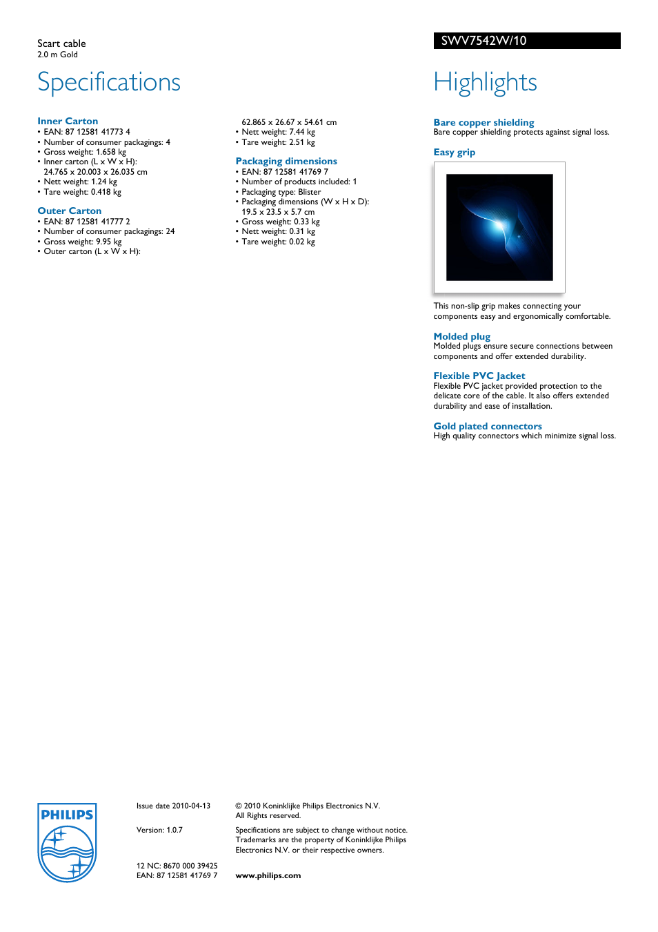 Specifications, Highlights | Philips SWV7542W User Manual | Page 2 / 2
