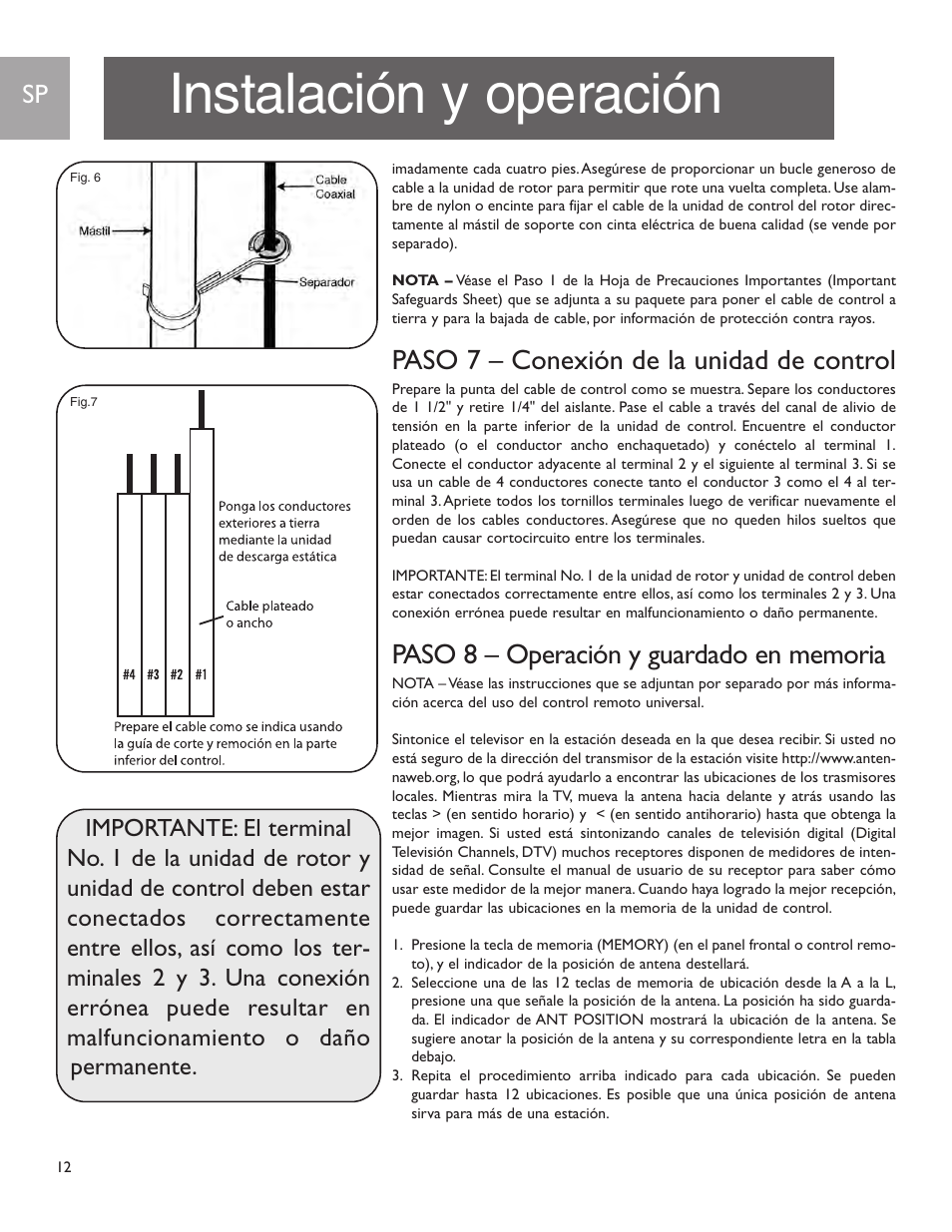 Instalación y operación, Paso 7 – conexión de la unidad de control | Philips Sdw1850/17 User Manual | Page 12 / 16