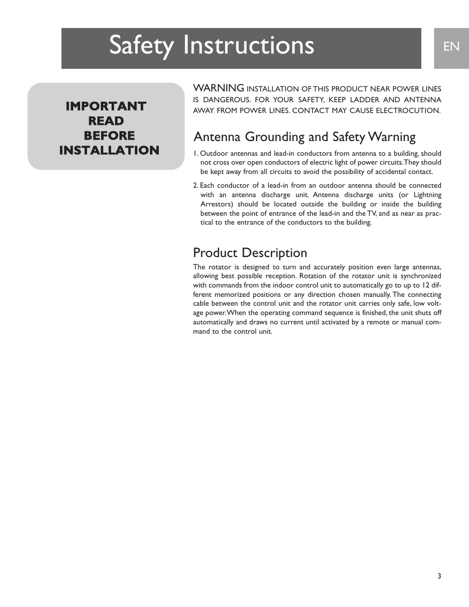 Safety instructions, Antenna grounding and safety warning, Product description | Philips Sdw1850/17 User Manual | Page 3 / 16