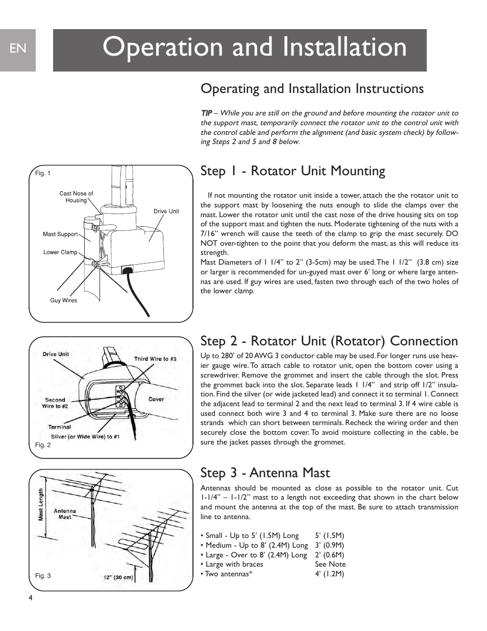 Operation and installation, Operating and installation instructions, Step 1 - rotator unit mounting | Step 2 - rotator unit (rotator) connection, Step 3 - antenna mast | Philips Sdw1850/17 User Manual | Page 4 / 16