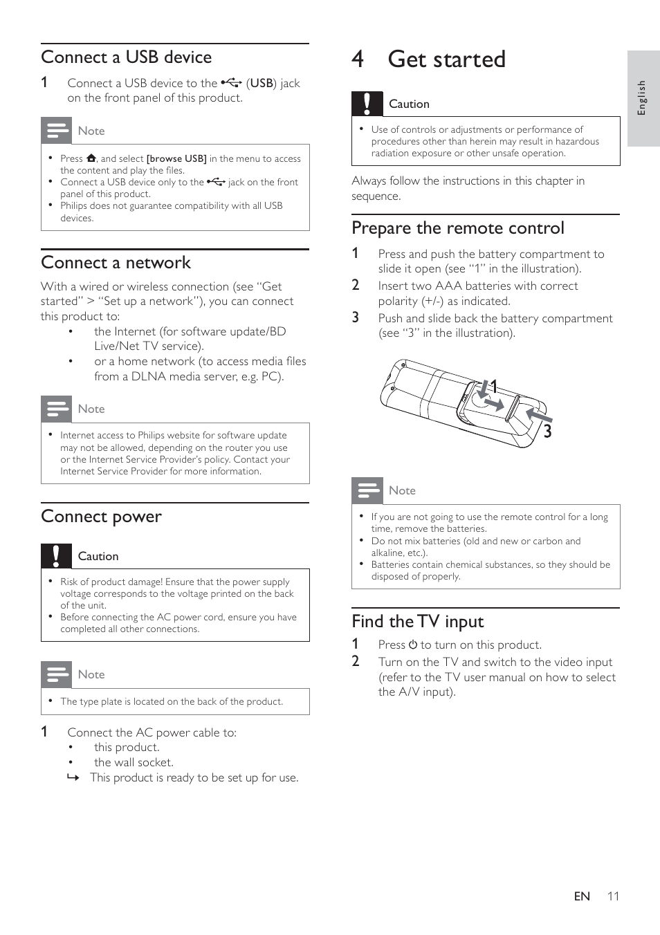 4 get started, Prepare the remote control, Find the tv input | Connect a usb device, Connect a network, Connect power | Philips BDP7500 MK II User Manual | Page 10 / 50