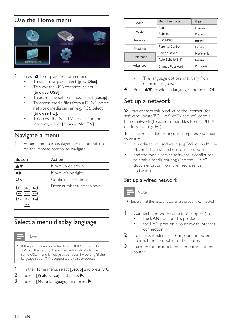 Set up a network, Use the home menu, Navigate a menu | Select a menu display language | Philips BDP7500 MK II User Manual | Page 11 / 50