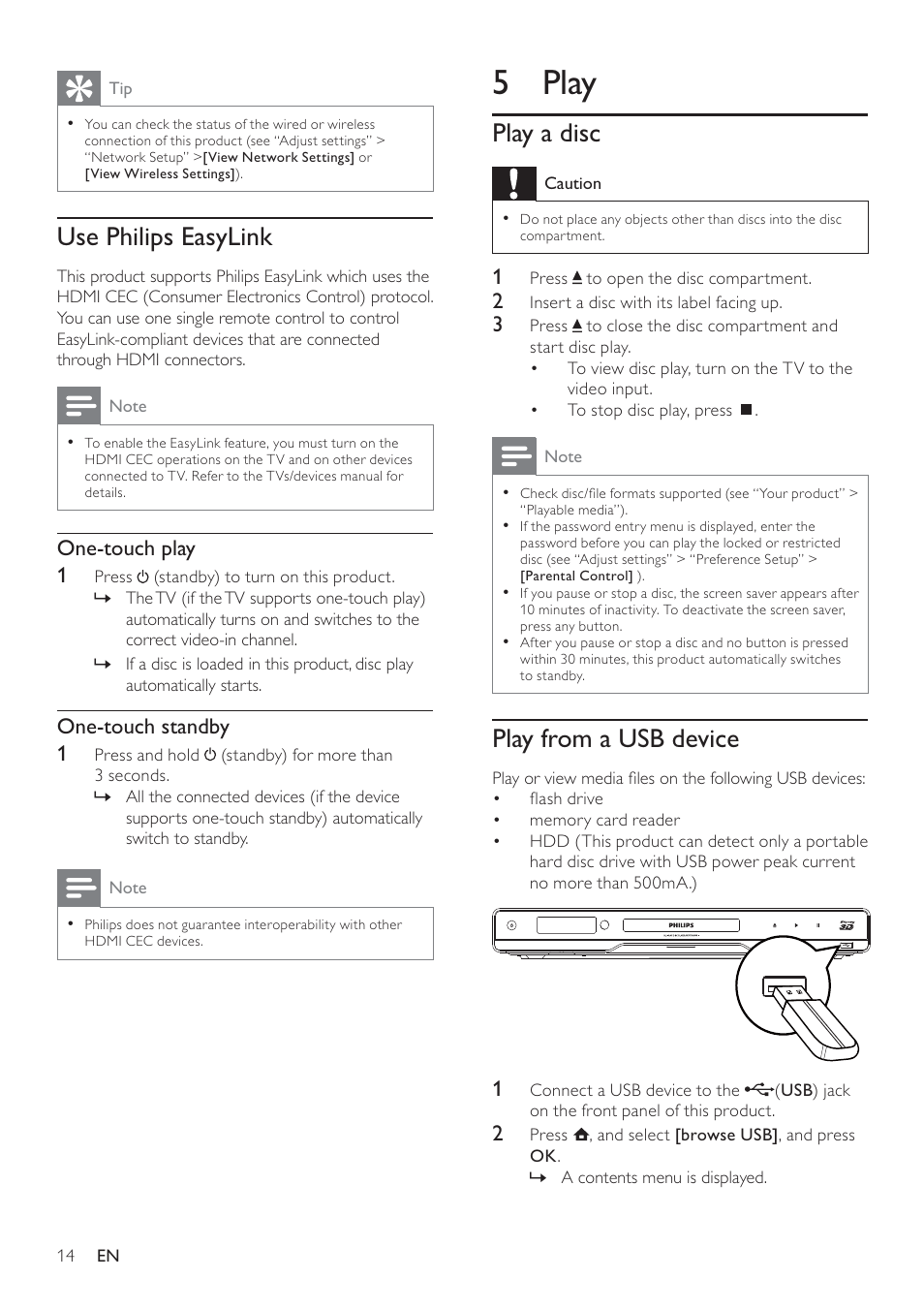 5 play, Play a disc, Play from a usb device | Use philips easylink | Philips BDP7500 MK II User Manual | Page 13 / 50