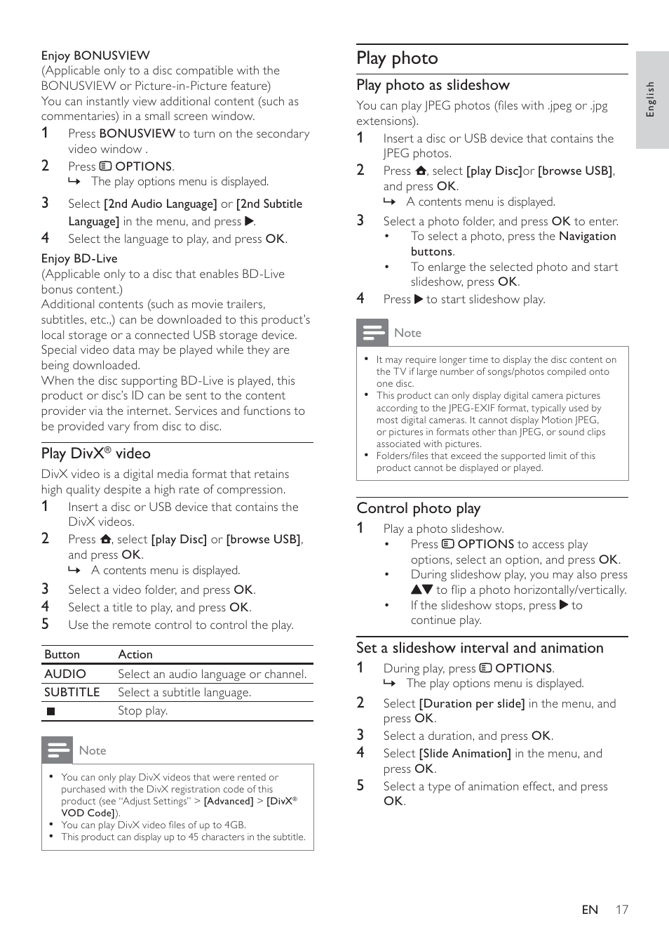 Play photo, Play photo as slideshow, Control photo play 1 | Set a slideshow interval and animation 1, Play divx, Video | Philips BDP7500 MK II User Manual | Page 16 / 50
