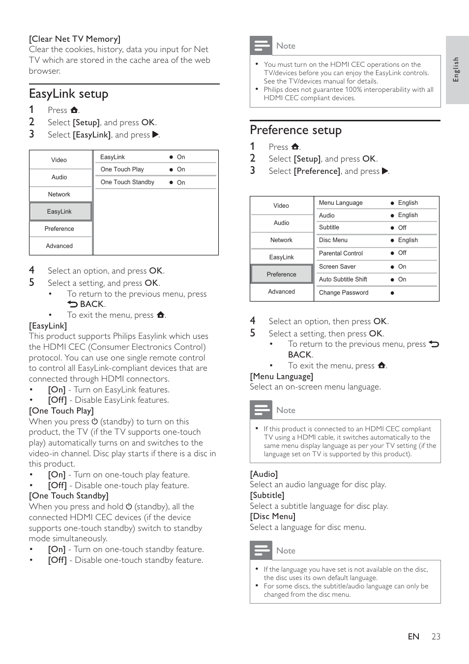 Preference setup, Easylink setup | Philips BDP7500 MK II User Manual | Page 22 / 50