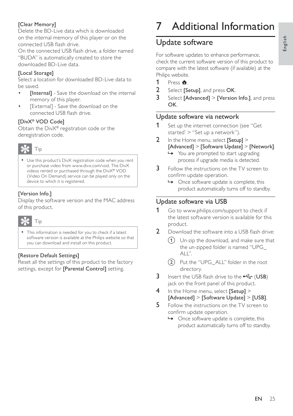 7 additional information, Update software, Update software via network 1 | Update software via usb 1 | Philips BDP7500 MK II User Manual | Page 24 / 50