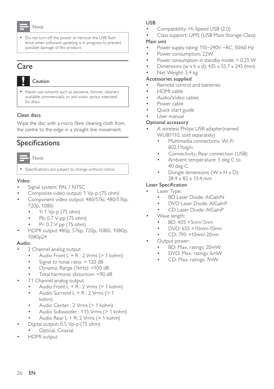 Care, Speciﬁcations | Philips BDP7500 MK II User Manual | Page 25 / 50