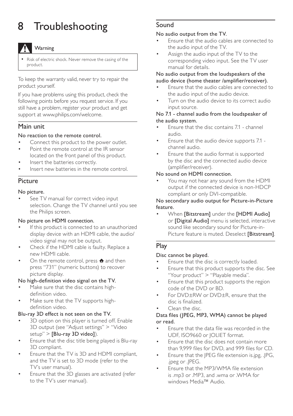 8 troubleshooting, Sound, Play | Main unit, Picture | Philips BDP7500 MK II User Manual | Page 26 / 50