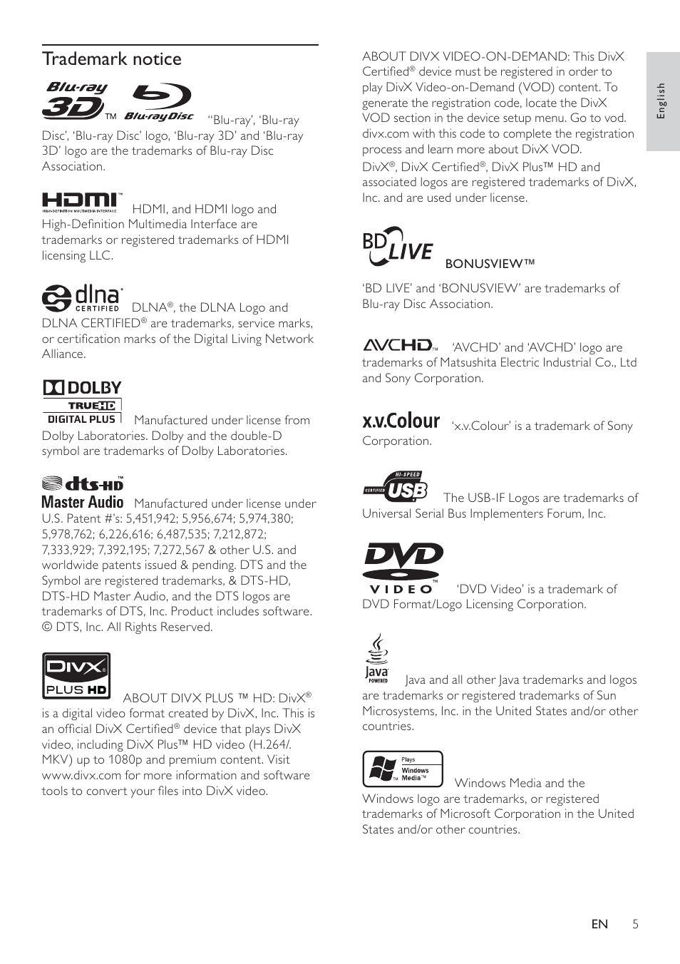 Trademark notice | Philips BDP7500 MK II User Manual | Page 4 / 50