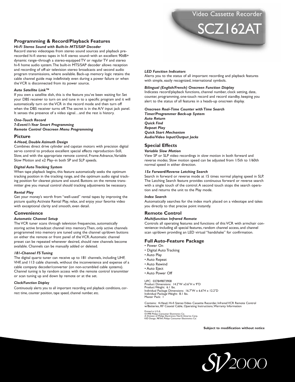 Scz162at, Video cassette recorder | Philips SCZ162AT User Manual | Page 2 / 2