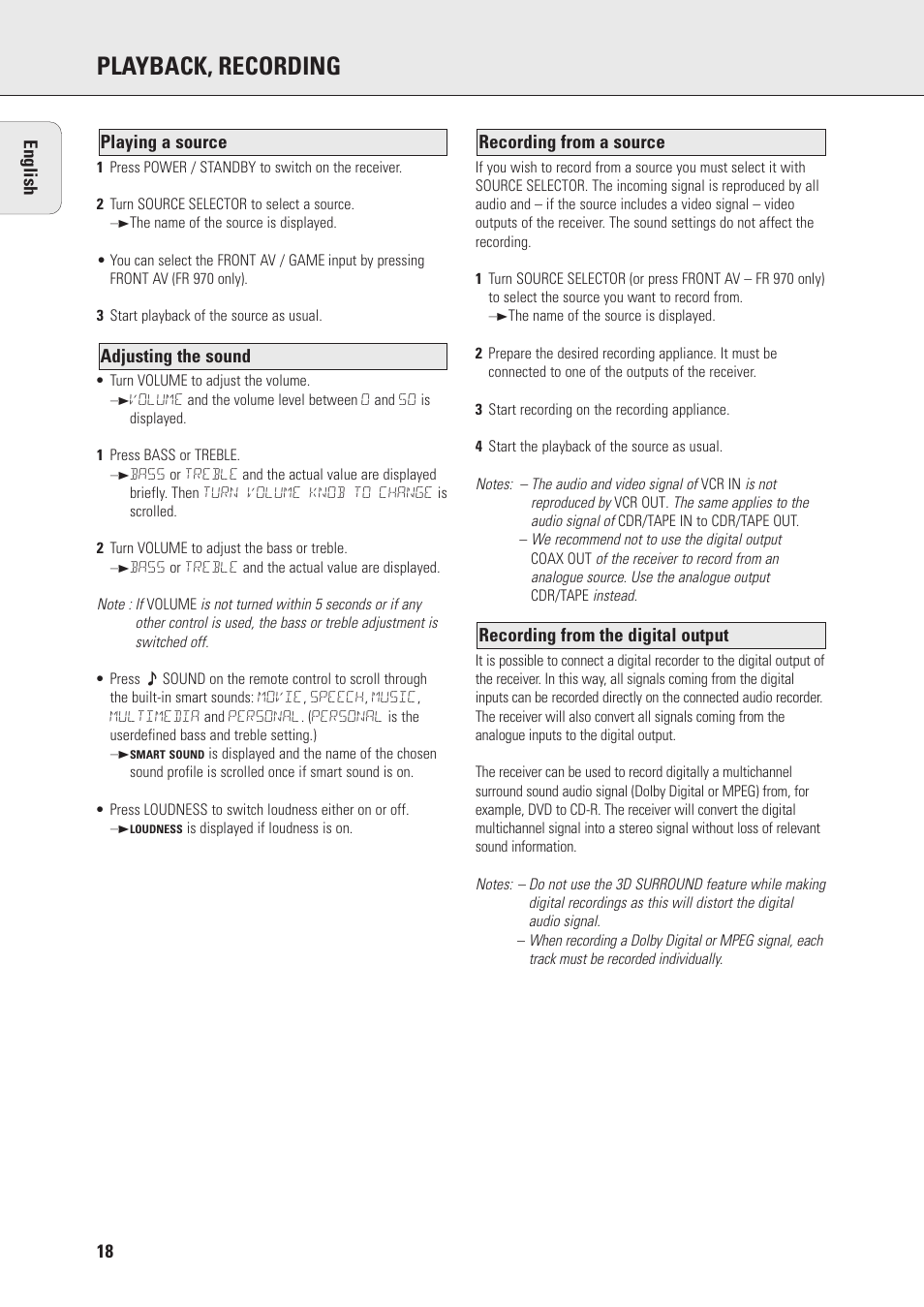 Playback, recording | Philips FR970 User Manual | Page 18 / 24