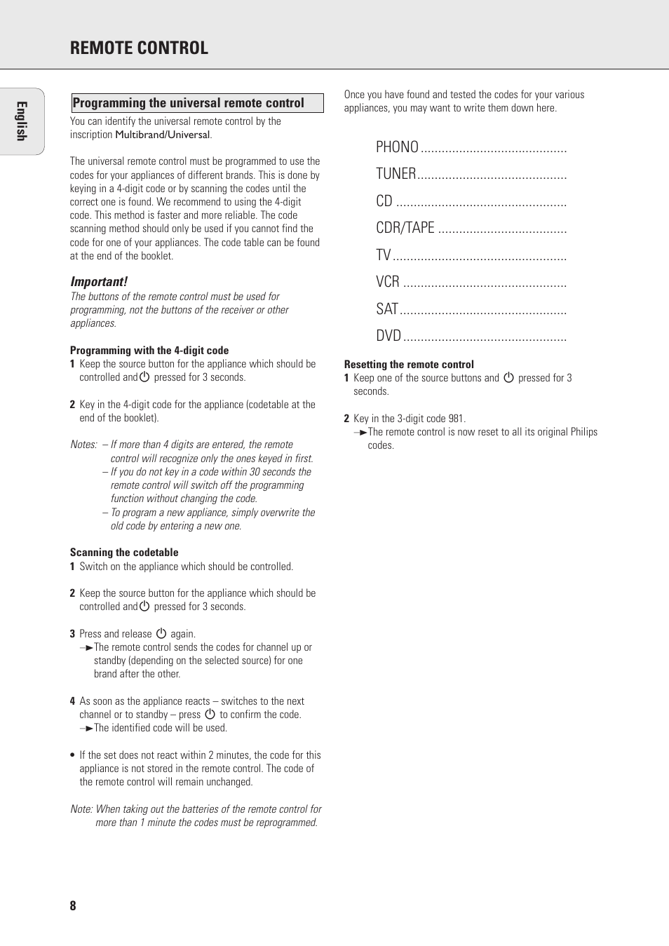 Remote control | Philips FR970 User Manual | Page 8 / 24