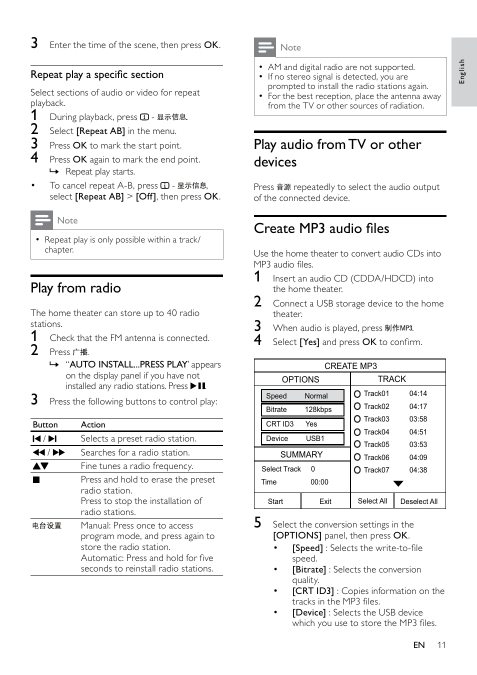 Use video options, Use picture options, Use audio options | Use karaoke options, Play audio from tv or other devices, Create mp3 audio files, Play from radio | Philips HTS3540/93 User Manual | Page 13 / 24