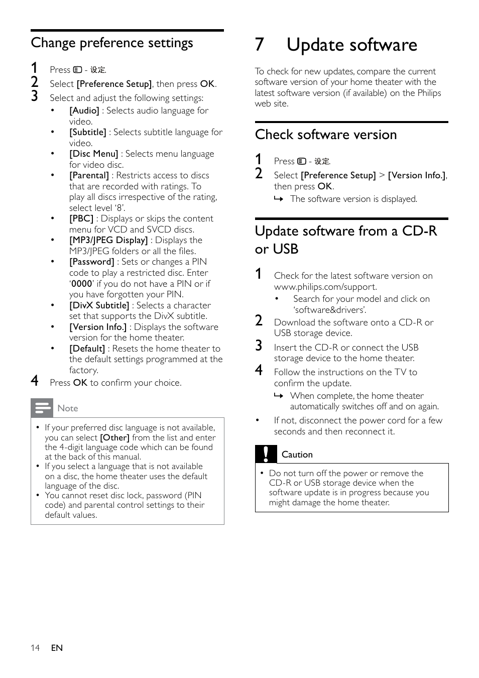 7 update software, Check software version, Update software from a cd-r or usb | Change preference settings | Philips HTS3540/93 User Manual | Page 16 / 24