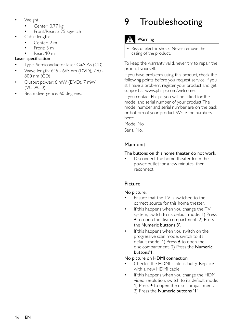 Change video settings, Change preference settings, 9 troubleshooting | Philips HTS3540/93 User Manual | Page 18 / 24