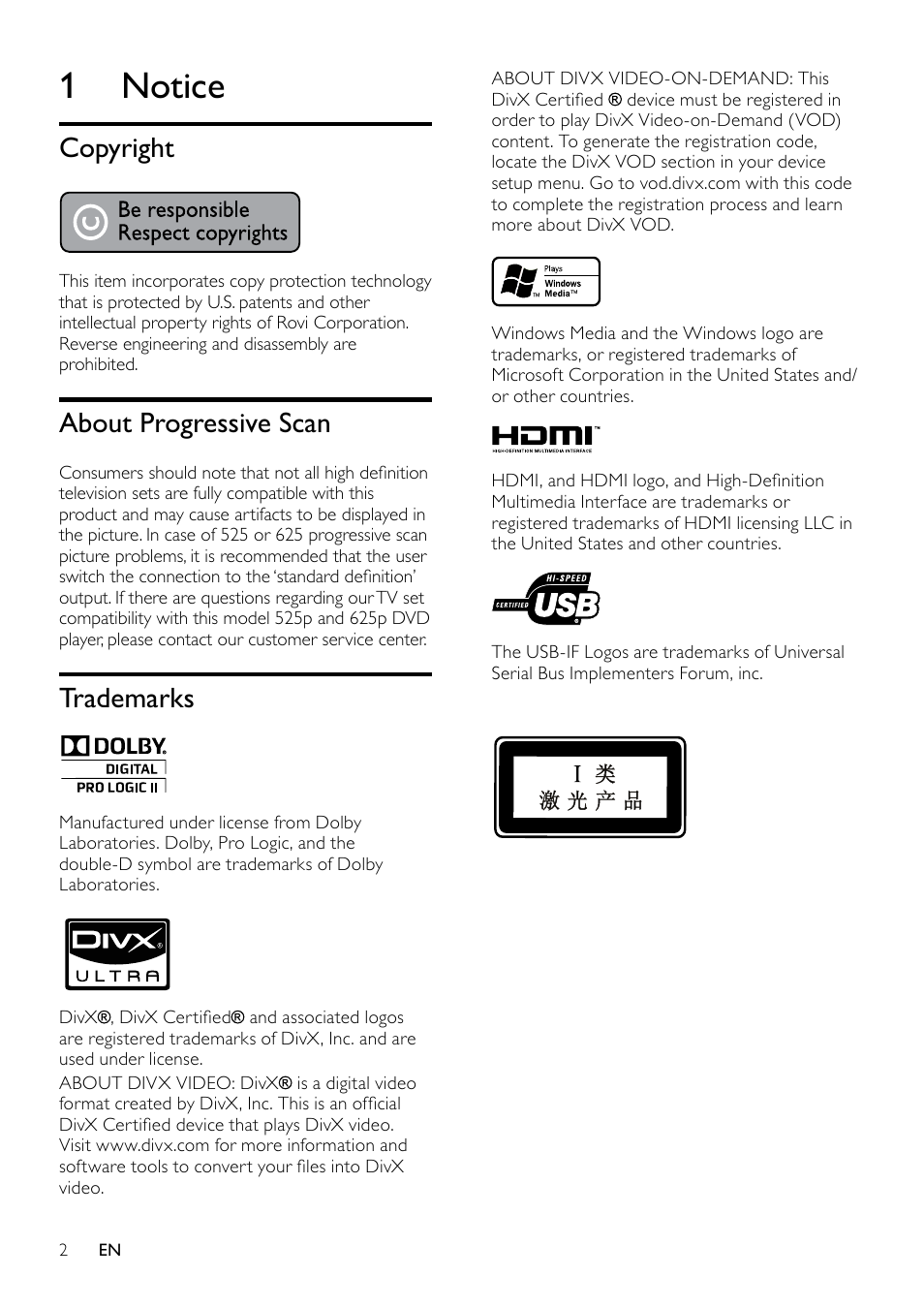 1 notice, Copyright, About progressive scan | Trademarks | Philips HTS3540/93 User Manual | Page 4 / 24