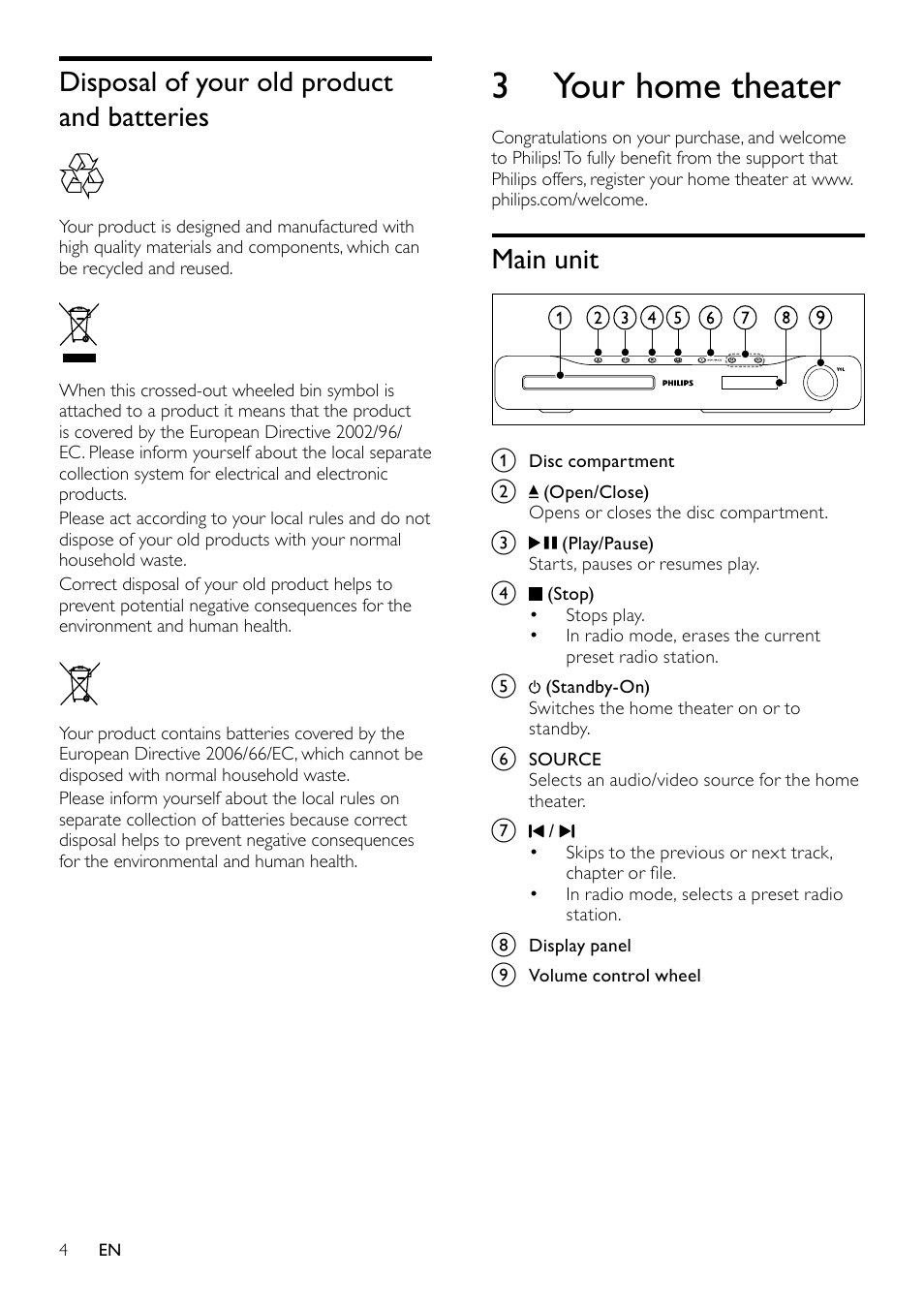 Disposal of your old product and batteries, 3 your home theater, Main unit | Philips HTS3540/93 User Manual | Page 6 / 24