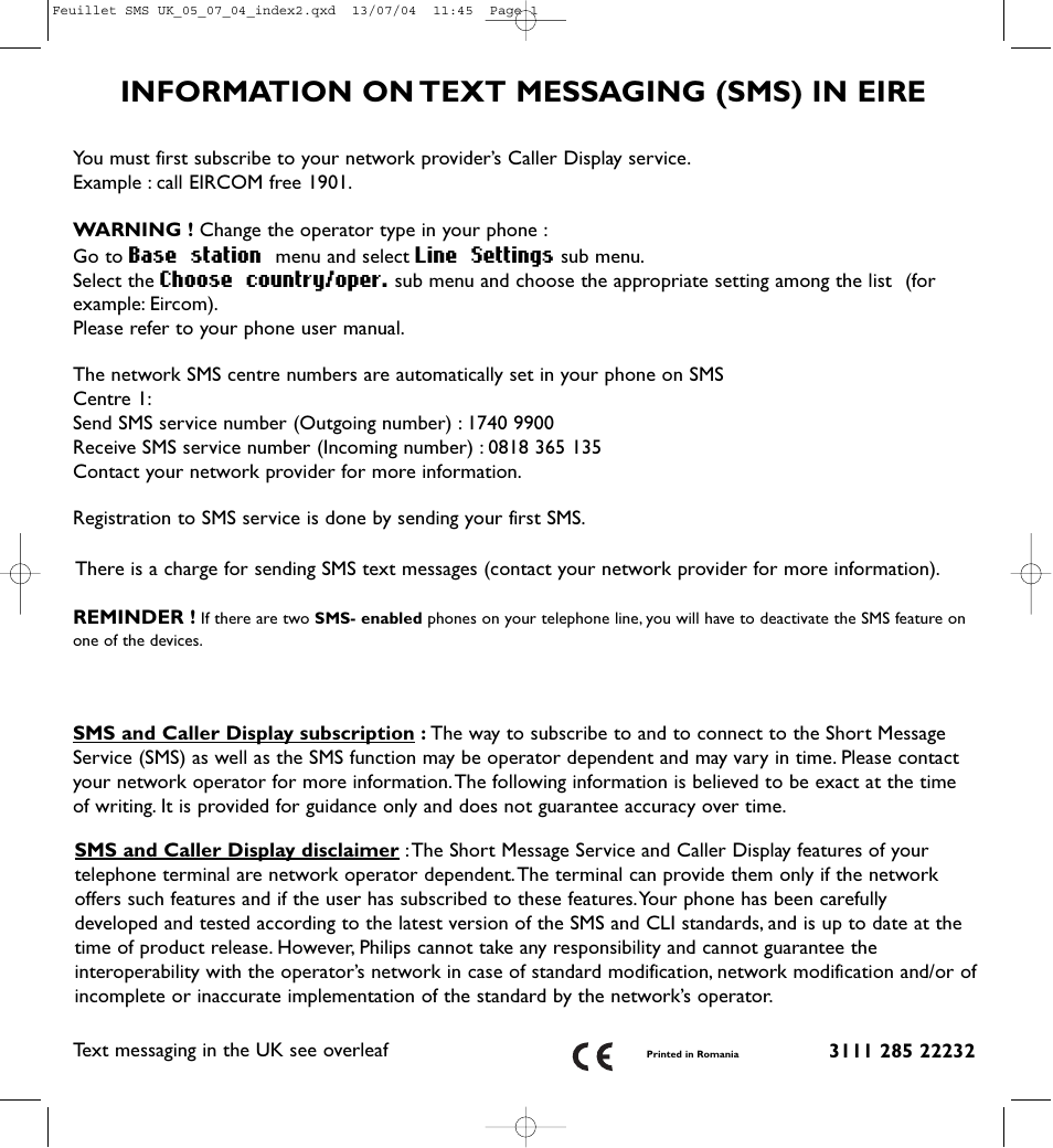 Information on text messaging (sms) in eire | Philips DECT515 User Manual | Page 64 / 67