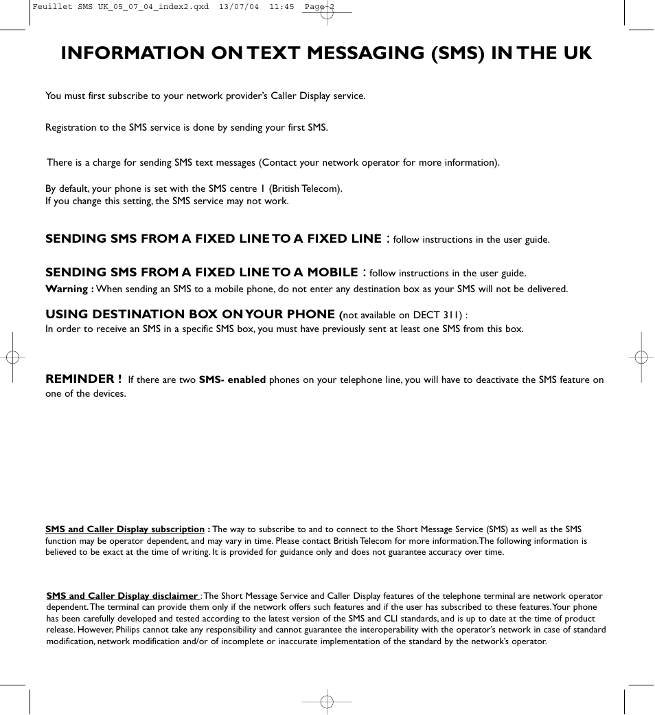 Information on text messaging (sms) in the uk | Philips DECT515 User Manual | Page 65 / 67