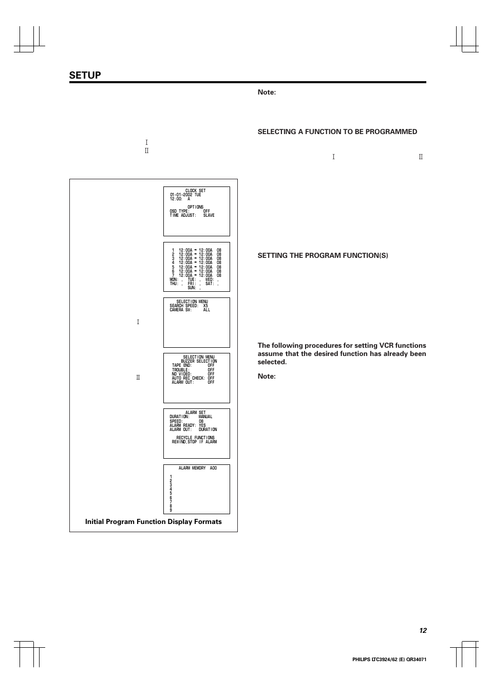 Setup, Initial program function display formats, Clock set timer display selection menu 1 | Philips LTC 3924 User Manual | Page 13 / 28