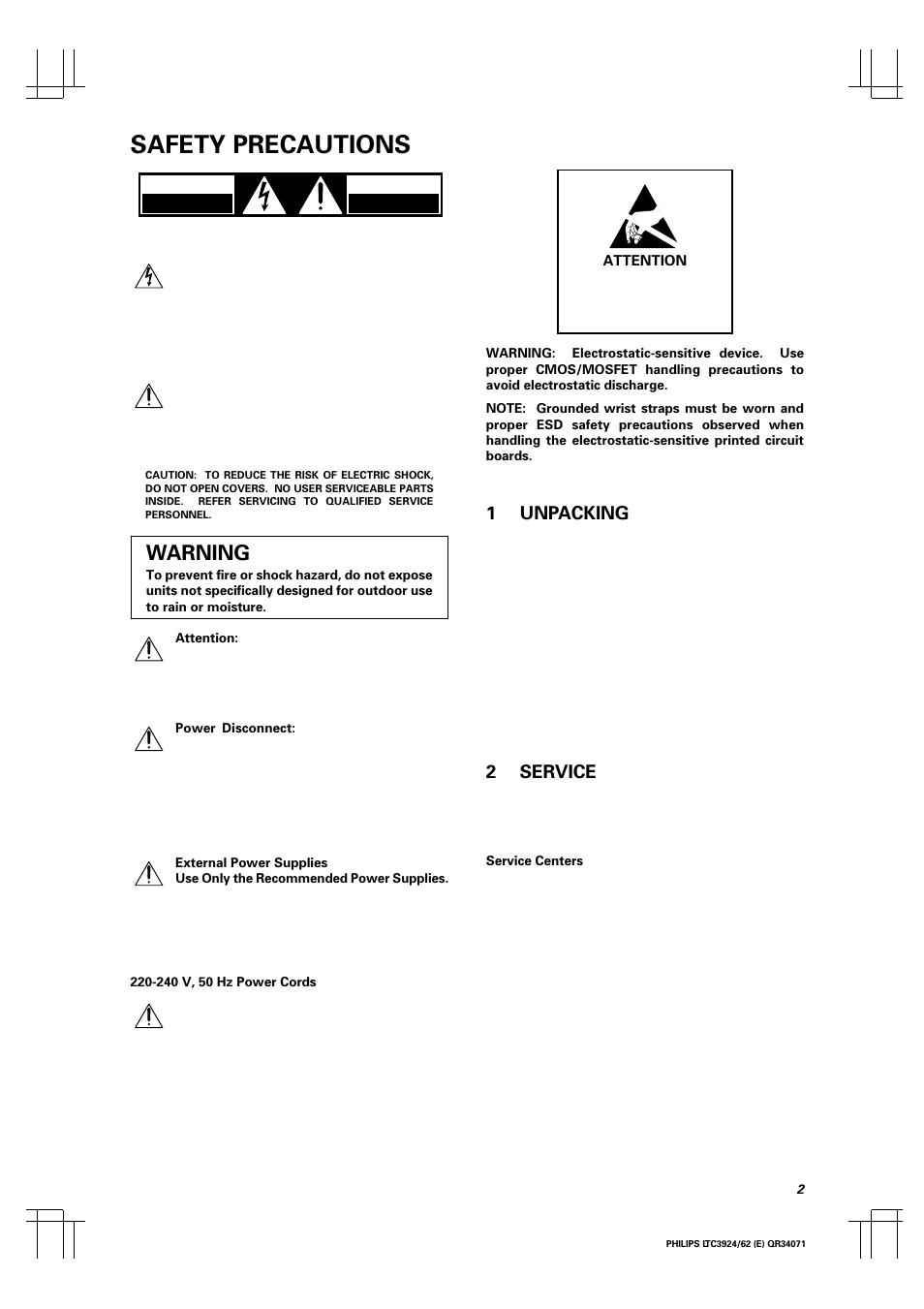 Safety precautions, Warning, 1unpacking | 2service | Philips LTC 3924 User Manual | Page 3 / 28