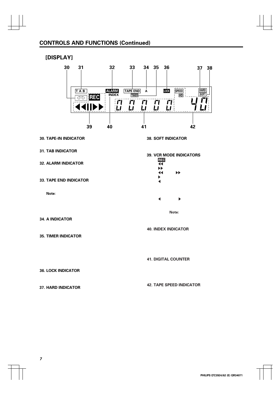 Display, Controls and functions (continued) | Philips LTC 3924 User Manual | Page 8 / 28